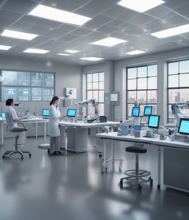 A laboratory setting featuring advanced equipment, including a white Rephile machine with digital controls and various attachments. In the background, there are large lab cabinets and ventilation hoods, with a bright, well-lit environment.