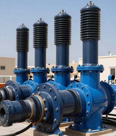 Detailed shot of heavy industrial electrical cables and components. Sharp focus, professional photography in a Middle Eastern / Omani industrial facility. Colors feature Midnight Navy and Deep Ocean Blue tones under clear, bright Muscat sunlight.