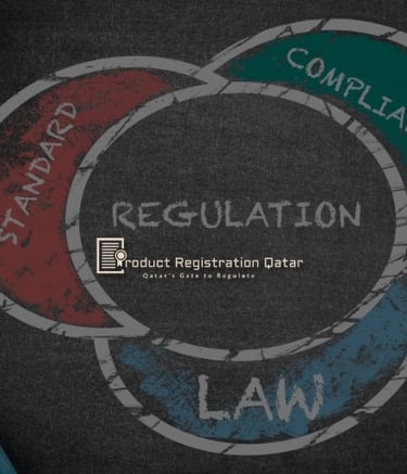 Product Registration Qatar Logo with Slogan Qatar's Gate to regulate with regulation, standard, law and compliance