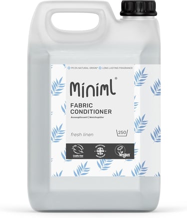Miniml fresh linen fabric conditioner in a large eco-friendly refill bottle with vegan and cruelty-free logos.