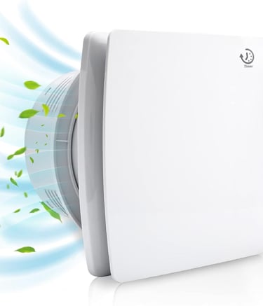 a white air purifier with a green leaf on it