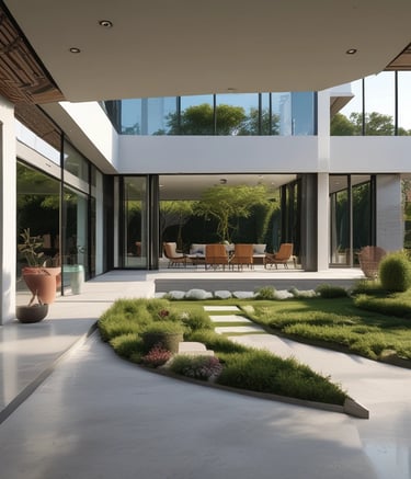 A luxury white Rolls-Royce car is parked on a gravel driveway in front of a large, elegant house with stone walls and large windows. Tall trees and bushes surround the property, creating a lush and private setting.