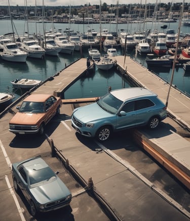 A black station wagon car is parked on a gravel surface near a container terminal. In the background, there are several colorful shipping containers stacked and a large blue and green gantry crane labeled 'INTERMOBIL'. The sky is partly cloudy.