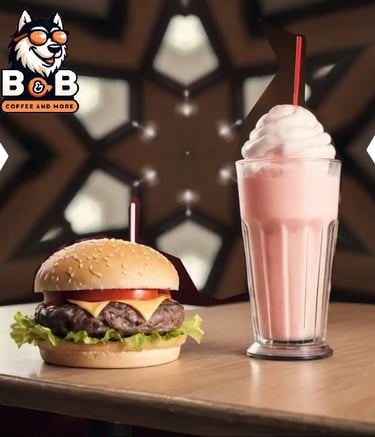 hamburguesa con lechuga fresca acompañada de una malteada de fresa