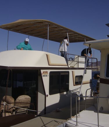 Houseboat Party Top installed. Cover made with Sunbrella Marine Fabric