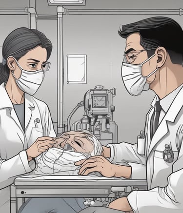 Two surgeons wearing masks and colorful caps are intensely focused on performing surgery under a bright surgical light. They are dressed in teal surgical gowns and white gloves, with a variety of surgical instruments in use.