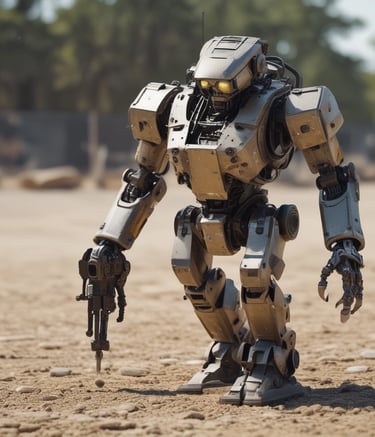 A humanoid robot with white and orange coloring is positioned inside a glass enclosure. The robot has a rounded head with a dark visor and red-lit eyes, and its arms are connected to machinery with flexible tubing. The background includes blurred interior elements with warm lighting.
