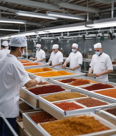 Packaging facility with workers carefully packing spices for export.