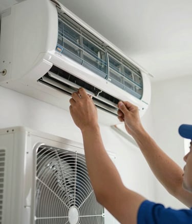 A close-up photograph of a professional technician's hands adjusting a modern, clean air conditioning unit inside a bright North American / US residential utility room. The lighting is crisp and natural, highlighting the metallic surfaces of the HVAC system with accents of Steel Blue and Soft Ice White.