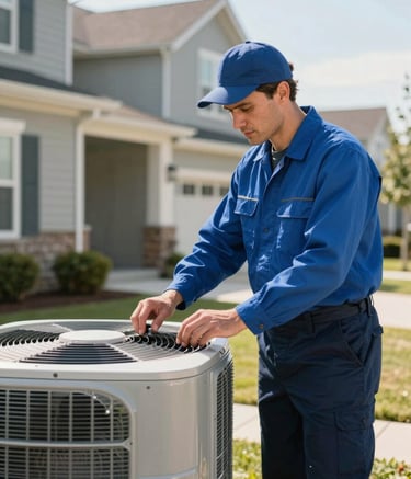 A professional HVAC technician in a clean uniform inspecting an outdoor AC condenser unit outside a modern North American / US suburban home during a sunny afternoon. The scene conveys reliability and expertise, featuring colors like Steel Blue and Dark Navy Blue.
