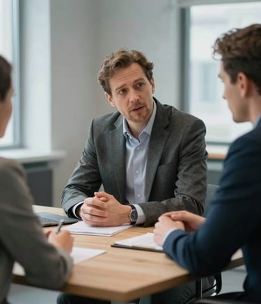 A professional business meeting in a modern Baltic office. Two people are talking about strategy at a light-colored wood table. The background is soft gray and pale blue, with large windows showing soft daylight.