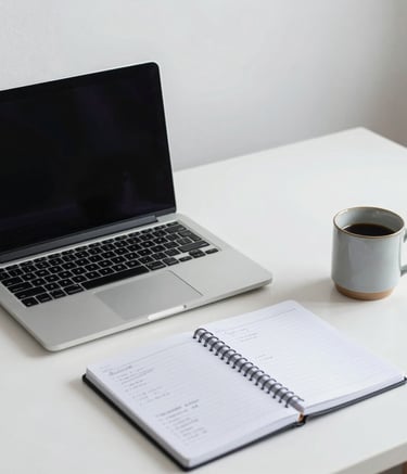 A minimalist Northern European office desk with a silver laptop, a notebook with strategy notes, and a ceramic mug. The scene is organized and bright, featuring soft blue and steel gray accents.