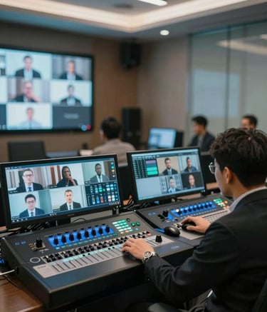 A high-end multi-camera setup in a modern Bogor conference room. Professional video switchers and monitoring screens are visible, showing a hybrid meeting interface. The room has professional accent lighting in #2D5D7C tones. Clean, premium atmosphere.