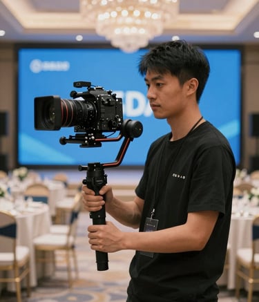 A professional camera operator using a stabilizer gimbal in a luxury ballroom setting. The scene reflects high-end production value with sleek equipment. Lighting is cinematic, incorporating the brand's #6DA4BF color in background highlights.
