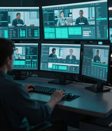 A high-end media control center with multiple glowing monitors displaying video streams and data metrics. The room is sleek and dark, lit with sharp teal accents (#2C5F6F) and light blue reflections (#8BA8B6). The atmosphere is focused and high-tech.