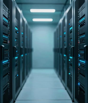 A symmetrical view down a futuristic data center aisle. The server racks are brushed metal, with glowing blue indicator lights (#8BA8B6). The floor is polished and reflects the professional teal lighting (#2C5F6F). Clean, efficient, and modern.