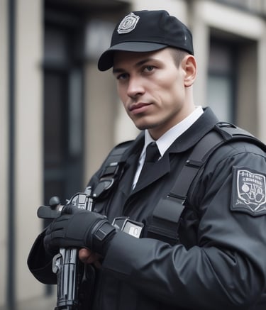 A person is standing outdoors, wearing a neon yellow and black work outfit. There is construction equipment, such as an excavator, in the background, and the area appears to be a construction site with dirt and sparse vegetation.