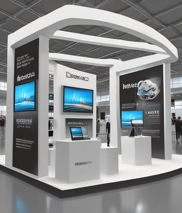 An indoor exhibition hall featuring various booths with blue signage and carpeting. People are conversing and navigating the space, which is brightly lit by overhead lighting. Portable signs and technology displays are visible throughout, and the space is open with a modern design.