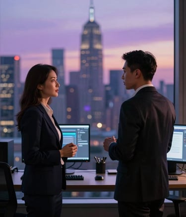 Two professional performance marketing analysts in an international corporate setting, standing before a large window overlooking a metropolitan skyline at dusk. The lighting is low and sophisticated with soft violet glows from nearby screens, reflecting an elegant and high-end tech atmosphere.