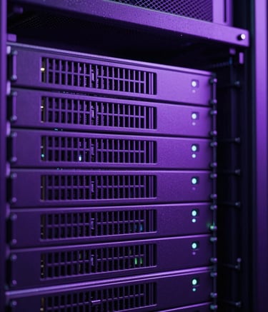 Macro photography of a high-end server array in a modern data center. The scene is bathed in royal purple and violet light, emphasizing a sleek, high-tech, and performance-driven environment in a North American facility.