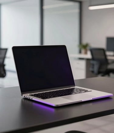 A high-end, minimal workspace featuring a sleek laptop on a dark desk with violet accent lighting. The background shows a blurred, professional North American office environment with clean lines and a premium tech feel.
