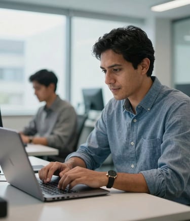 A network engineer in América Latina working on a laptop in a bright, modern office with soft blue accents, professional atmosphere, natural lighting, high-tech workplace.