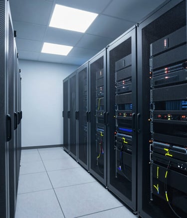 A clean and organized professional server room in América Latina, ice white and soft blue ambient lighting, modern technology infrastructure, wide angle perspective.