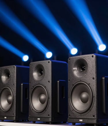 A close-up photograph of professional high-end audio speakers and moving head light fixtures against a dark background, casting sharp beams of electric blue light, reflecting a modern and professional event setup, Spanish-speaking / Global.