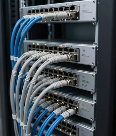 A close-up photography of a professional network infrastructure setup in a clean International English data center, featuring organized structured cabling in light grey and steel blue colors with subtle status lights on a high-speed router.