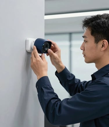 A professional technician in a modern International English office environment carefully installing a sleek, navy blue security camera on a light grey wall, bright daylight, professional corporate atmosphere.