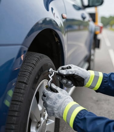A close-up shot of a professional roadside assistance operator's hands wearing high-visibility gloves, expertly securing a safety hook onto a car wheel. The background features the clean, polished metallic body of a tow truck in #1A2E35 and #3F5B66. Professional, high-quality photography emphasizing safety and precision.