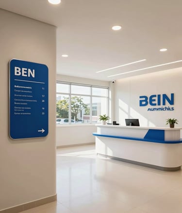 A wide-angle shot of a bright and modern Brazilian medical clinic interior. The walls feature elegant steel blue wayfinding signs and 3D lettering at the reception. The atmosphere is clean and professional with polished floors and warm natural light.