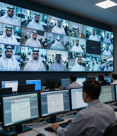 A high-tech security operations center in Riyadh, Saudi Arabia, featuring a wall of high-definition monitors displaying real-time CCTV feeds. The lighting is dominated by a professional dark blue and light blue glow. A technician in professional attire is seen from behind monitoring the systems. 4k resolution, clean and authoritative atmosphere.