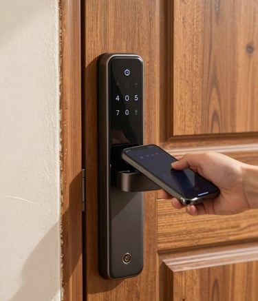 Close-up of a sleek, modern biometric smart lock installed on a heavy wooden door of a contemporary building in Saudi Arabia. A hand is seen using a smartphone to unlock it. Professional photography, sharp focus, natural daylight with soft shadows.
