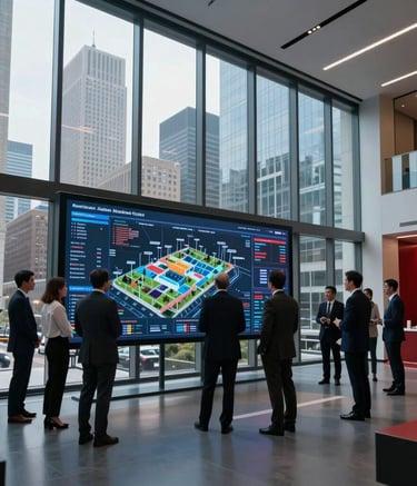 A wide shot of a sleek, modern architectural office in a North American financial hub. Through tall windows, a city skyline is visible. Professionals in business attire are gathered around a large digital display analyzing infrastructure data. The lighting is cool and professional with red accents in the decor.