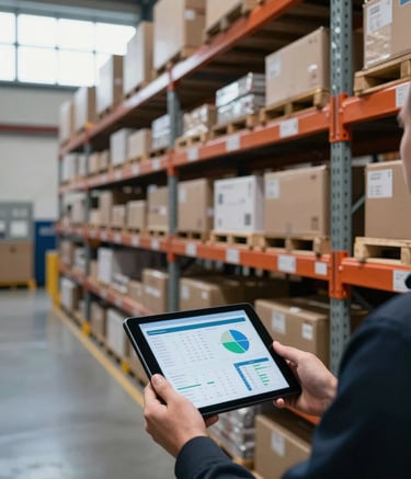 Professional photography of a sophisticated distribution hub in the UK, focusing on an organized shelf system and a person holding a tablet displaying data analytics, cool daylight through industrial windows, conveying efficiency and reliability, Northern European / British context.