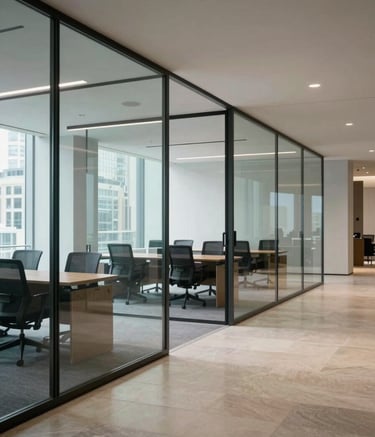 Photography of a high-end, minimalist corporate office in London, featuring clean glass partitions and polished stone floors, soft natural daylight, emphasizing a professional and modern atmosphere, Northern European / British style.