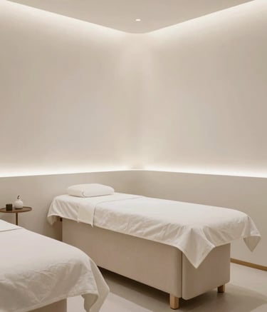 A sophisticated and minimalist interior of a modern wellness clinic. The scene features light beige furniture and soft off-white textures. The lighting is airy and bright, emphasizing a premium and clean aesthetic.