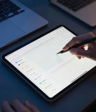 Close-up of a tablet being used by a professional in a modern Brazilian workspace. The screen displays a minimalist dashboard with clean data visualization. The lighting is soft and professional, emphasizing the steel blue and dark blue brand colors in the surrounding environment.