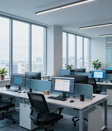 A wide shot of a modern, clean South American office space with large windows and bright natural light. The setting is professional and tech-oriented, featuring sleek desks with monitors showing clean software interfaces. The palette is dominated by light blue and alice blue tones, reflecting an atmosphere of innovation and clarity.