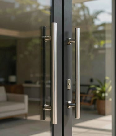 A close-up of a modern, high-end residential entrance in Brazil, featuring sleek glass doors and polished steel handles. The lighting is bright and natural, reflecting a clean and professional atmosphere. South American / Brazilian architecture.