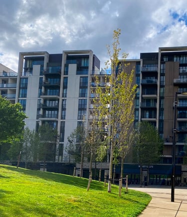 Blocks of flats with beautiful greens and trees. The beautiful blue sky contrasting th e environment