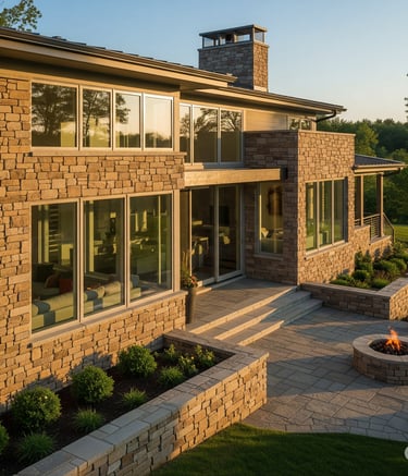 a stone house with a fire pit in the backyard