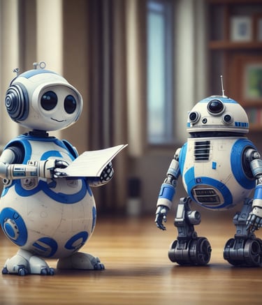 One happy robot reviewing another robot's resume.