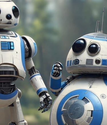 Two robots talking in the park.