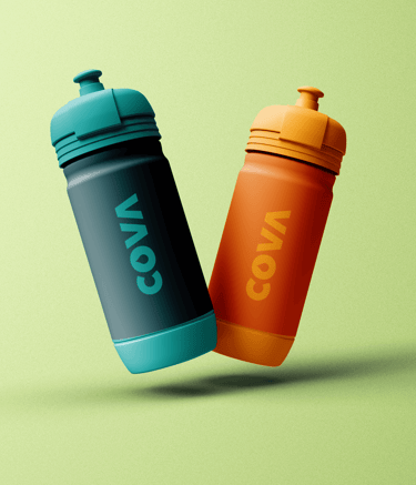 Two water bottles saying COVA that are brightly colored.
