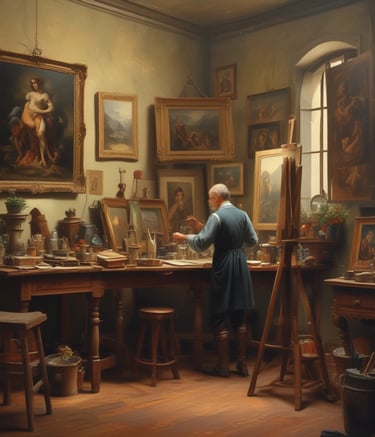 A gallery window display featuring various artworks, including paintings of butterflies, abstract shapes, and natural scenes. The display is well-lit with spotlights and includes floral arrangements and decorative elements. The gallery has a large sign that reads 'art' with the initial letters in a stylized font.