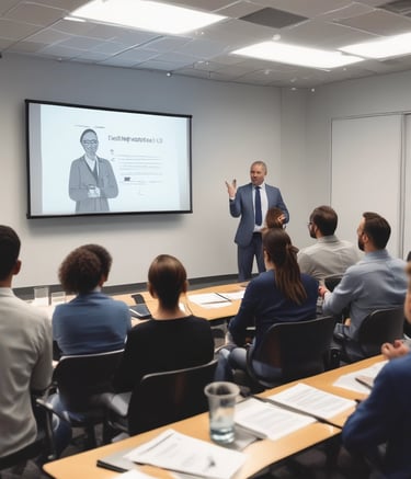 A multi-story building with a business on the ground floor displaying a sign for an architectural company. The facade includes balconies with railings. In front of the entrance, there is a table covered with a red cloth, adorned with decorative floral arrangements. Motorbikes are parked along the sidewalk and there are some potted plants on a ledge above the entrance.