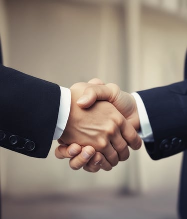 Two people are standing in an office space near a table with a laptop and papers. They are dressed in business attire and appear to be having a discussion.