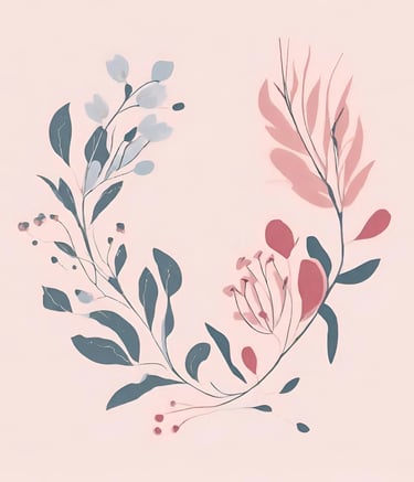 Watercolour image of a wreath with green leaves on one side and pink leaves on another
